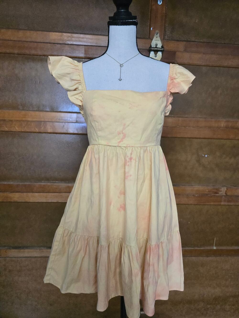 Reformation Dress Sz 6 Orange Tie Dye Square Neck Flutter Sleeve Cottagecore